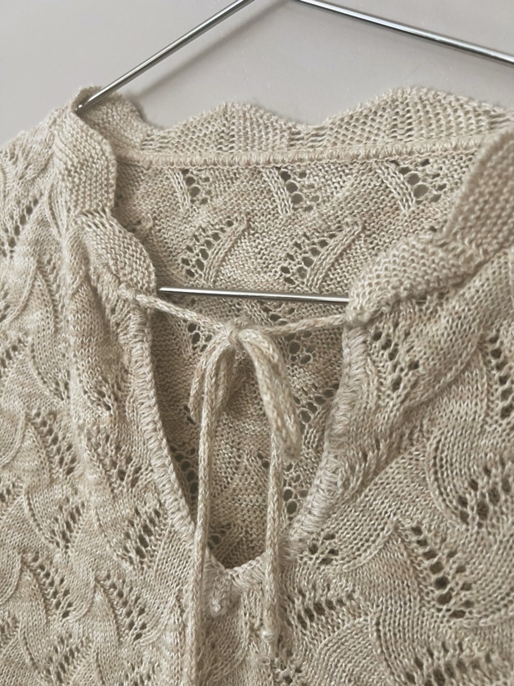 Cream Open Knit Lace Sweater Tie Neck Cottagecore Boho Top Medium - Picture 6 of 10
